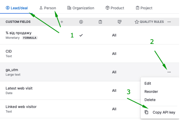 API Key in Pipedrive for field mapping